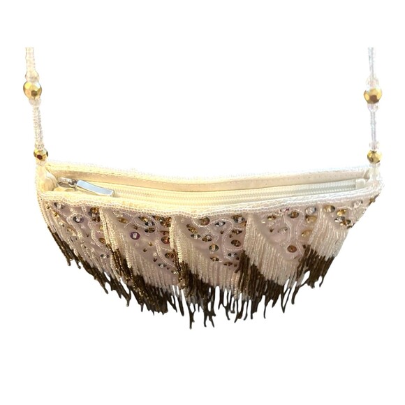 Vintage 1990s Cream & Bronze Beaded Fringe Satin-Finish Evening Bag Handmade - Picture 6 of 10